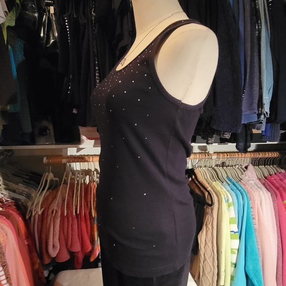 TIA TOO! ♡ Gorgeous Vintage Black Tank Top w/Sweet Bursts of Rhinestones L (S/M) - Picture 12 of 16